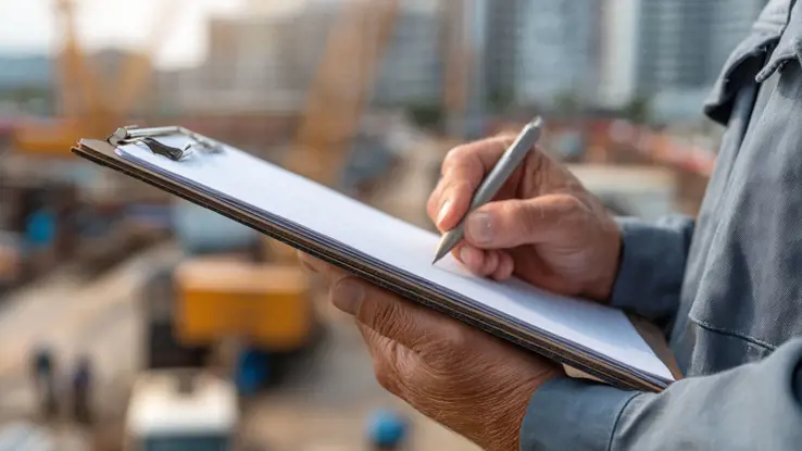 A contractor writing something down on a clipboard